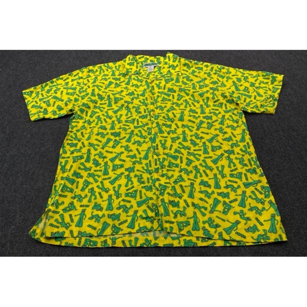 Gumby Button Down Shirt Mens XL Yellow All Over Print Short Sleeve Retro 10493